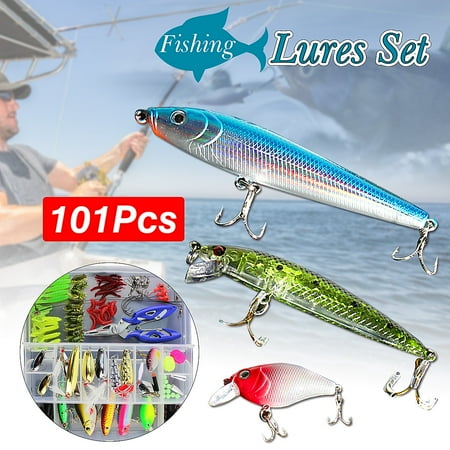 108Pcs Fishing Lures Spinners Plugs Spoons Soft Bait Pike Trout Salmon Box Kit